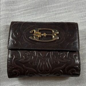 VTG Braccialini Embossed Leather Wallet Brown Floral Tooled Design B Gold Logo